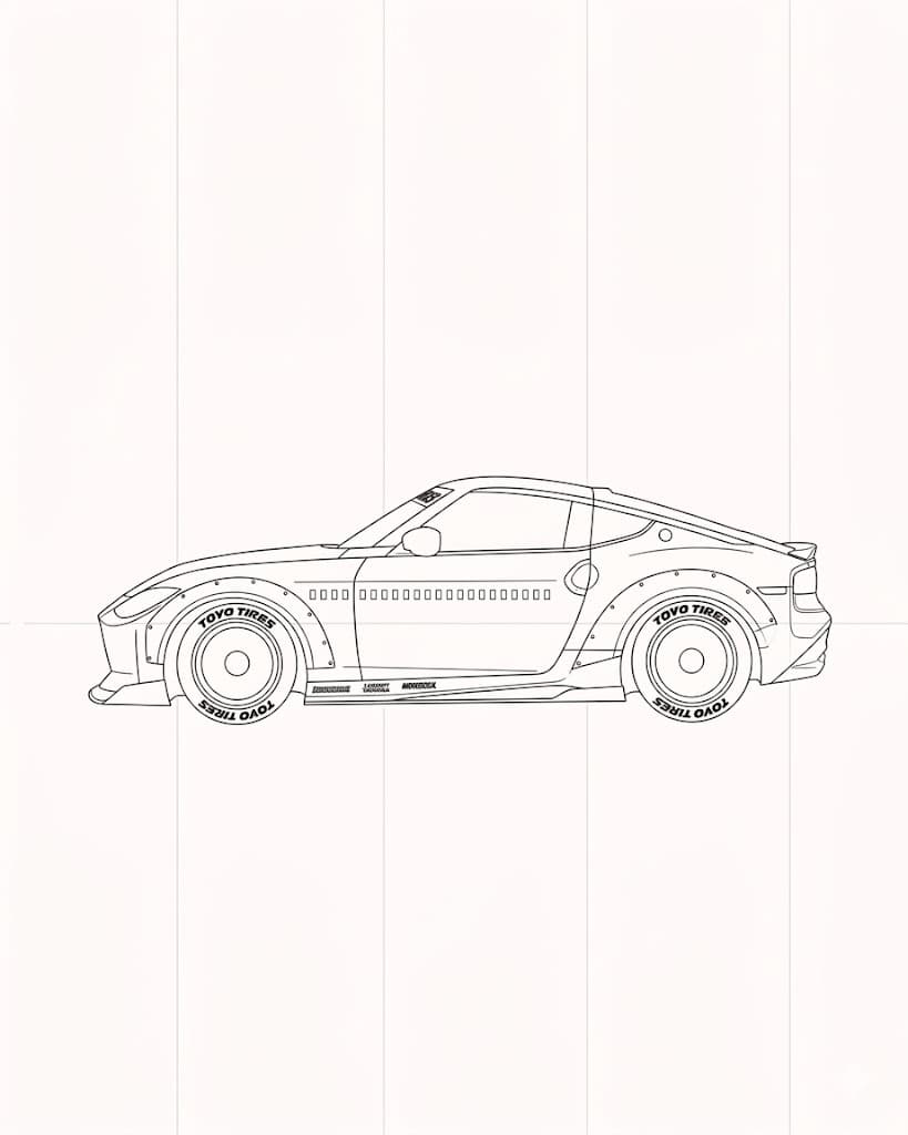 SEMA widebody Nissan Z RZ34 side profile illustration